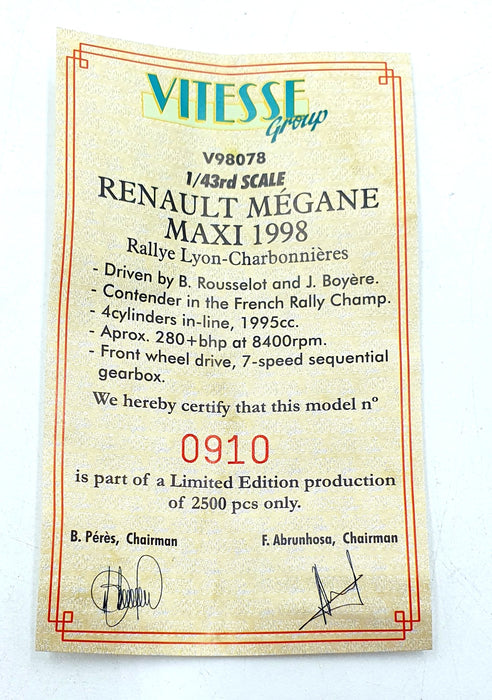 Vitesse 1/43 Scale V98078 Renault Megane Maxi #26 Lyon-Charbonnieres Rally 1998