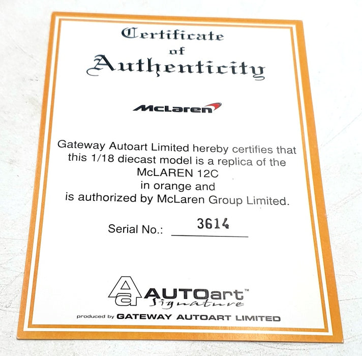 Autoart 1/18 Scale Diecast 76006 - McLaren 12C - Orange