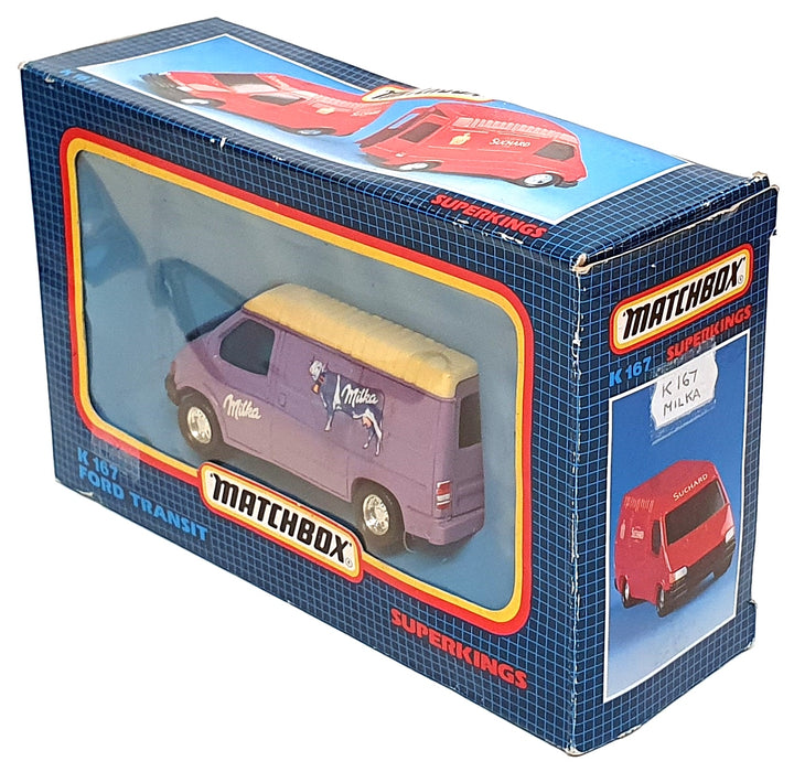Matchbox 11.5cm Long Diecast K 167 - Ford Transit Van Milka - Lilac/White