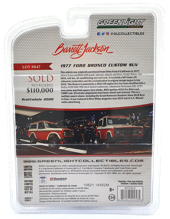 Greenlight 1/64 Scale 37230-D - 1977 Ford Bronco Custom SUV - Red/White