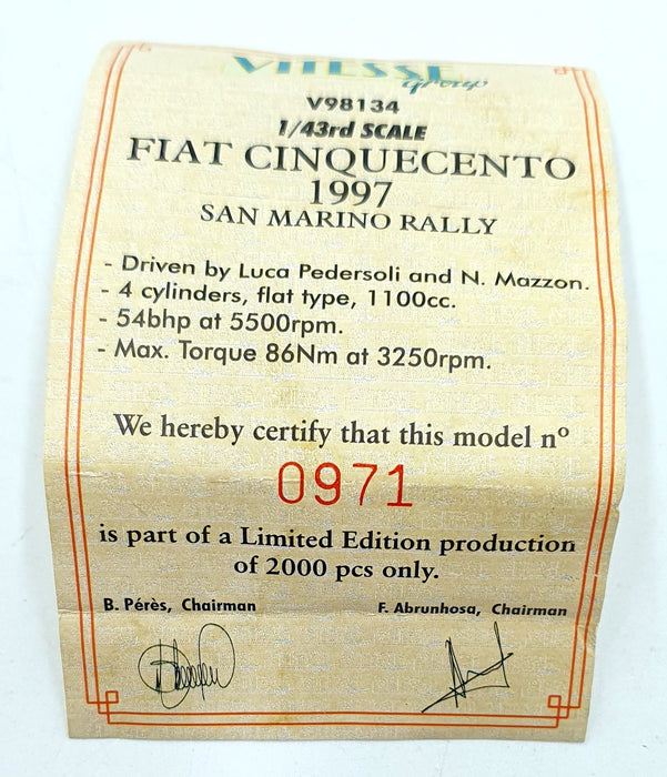 Vitesse 1/43 Scale V98134 - Fiat Cinquecento #501 SM Rally 1997 Pedersoli/Mazzon