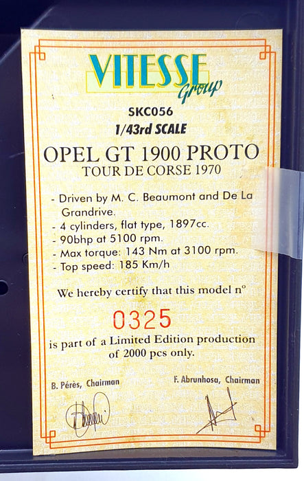 Skid 1/43 Scale SKC056 - Opel GT 1900 #16 Tour De Course 1970 - Beaumont