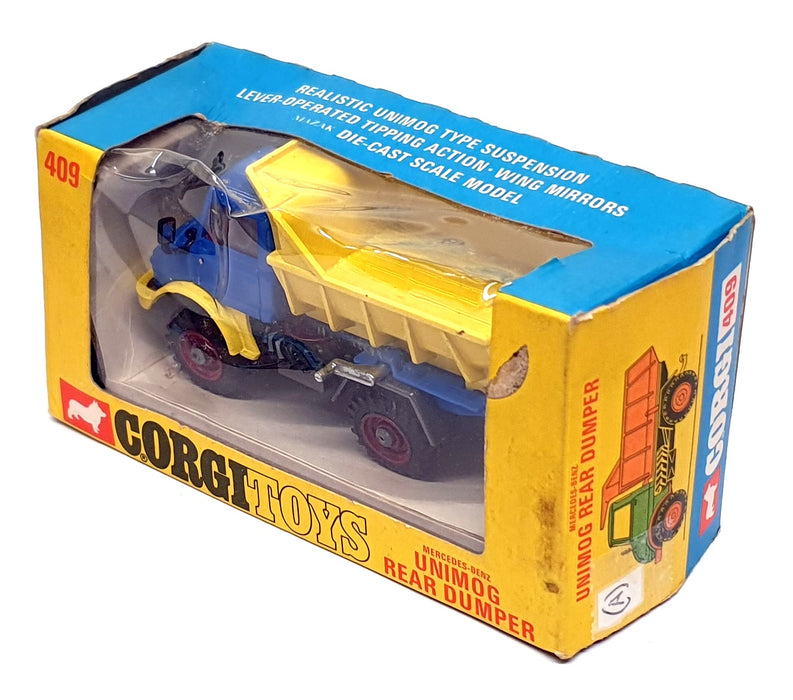 Corgi Toys 9.5cm Long Original Diecast 409 - Unimog Rear Dumper - Blue/Yellow