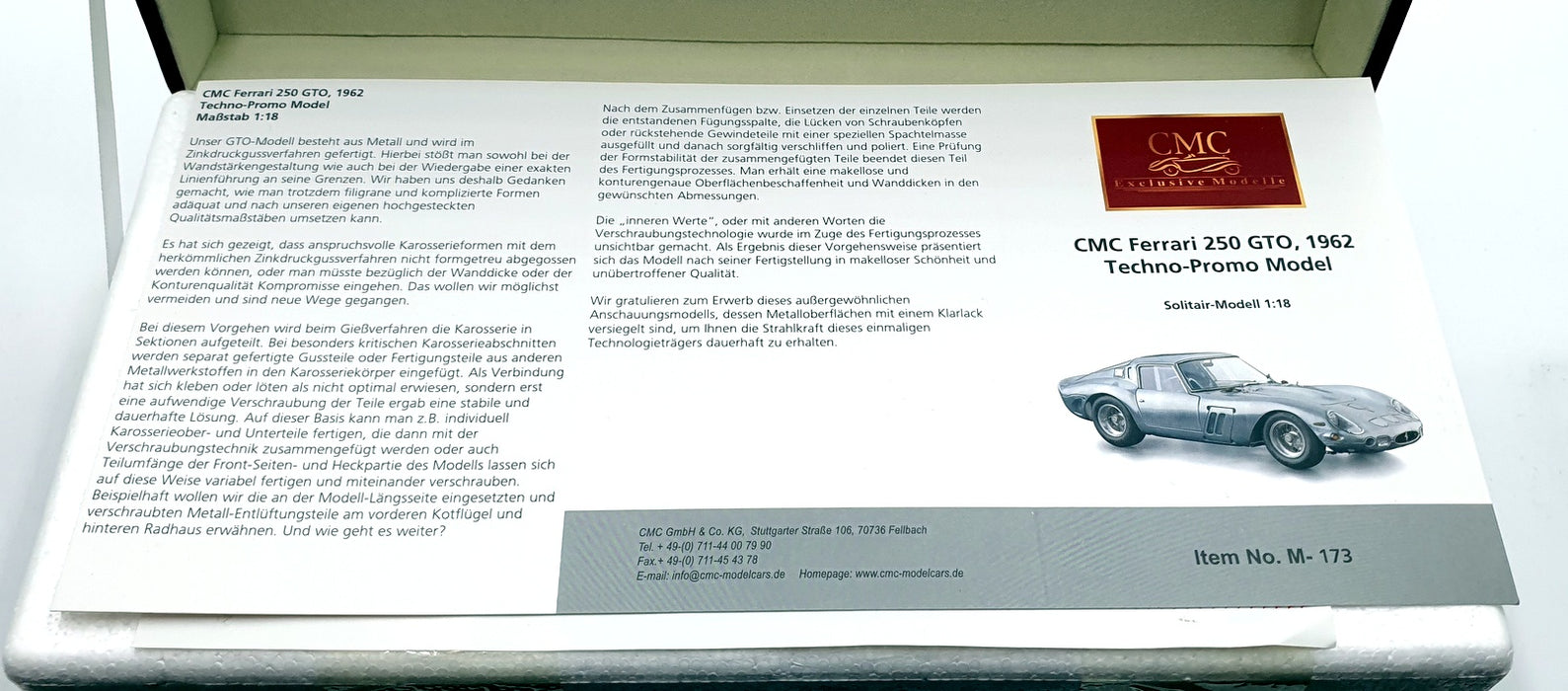 CMC 1/18 Scale M-173 - Ferrari 250 GTO 1962 Techno Promo - Bare Metal