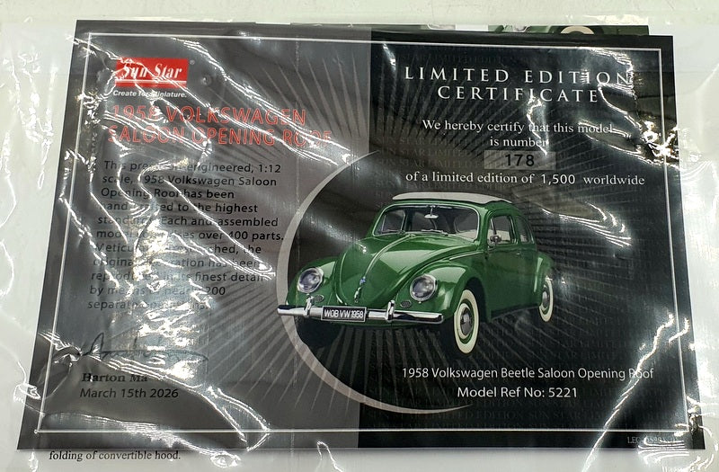 Sun Star 1/12 Scale 5221 1958 Volkswagen Beetle Saloon Opening Roof Agave Green
