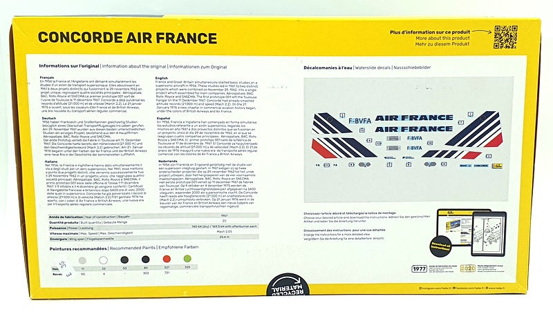 Heller 1/125 Scale Unbuilt Kit 80445 Concorde Air France 85 Piece Aeroplane Kit
