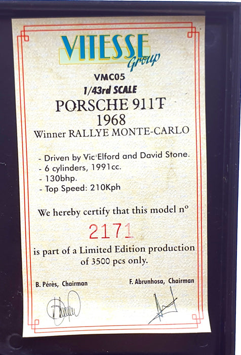 Vitesse 1/43 Scale VMC05 - Porsche 911 T #210 1st MC Rally 1968 - Elford/Stone