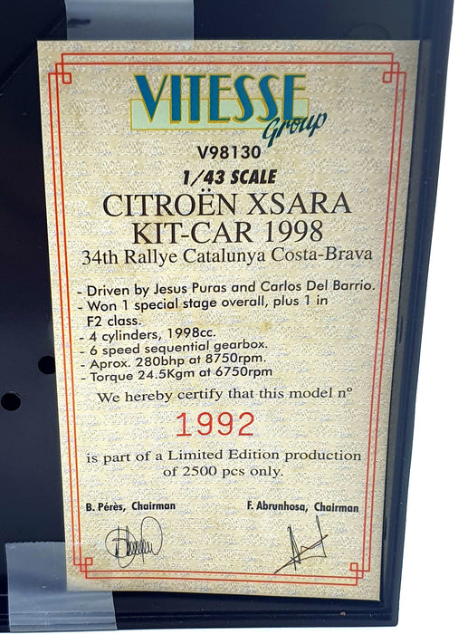 Vitesse 1/43 Scale V98130 - Citroen Xsara Kit Car #19 Rally Catalunya 1998