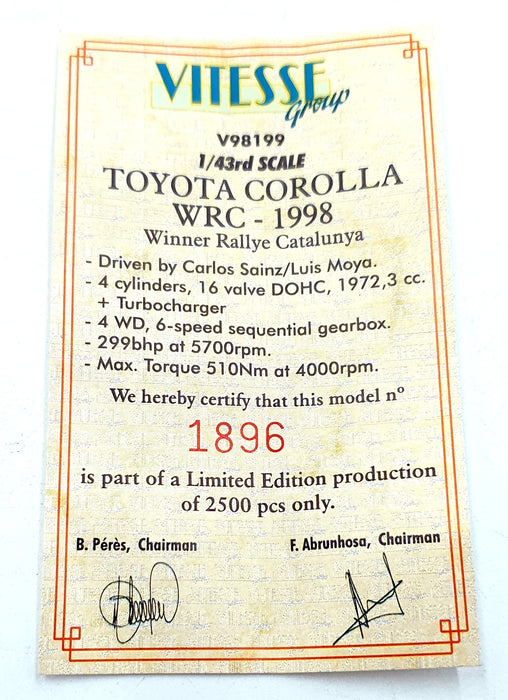 Vitesse 1/43 Scale V98199 - Toyota Corolla WRC #5 Catalunya Rally 1998