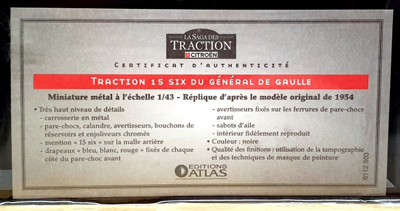 Atlas Editions 1/43 Scale 6112 503 - 1954 Citroen Traction 15 De Gaulle - Black