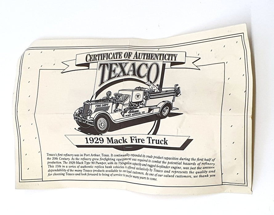 Ertl 23cm Long Diecast F415 - 1929 Mack Fire Truck Port Arthur TX Bank - Texaco