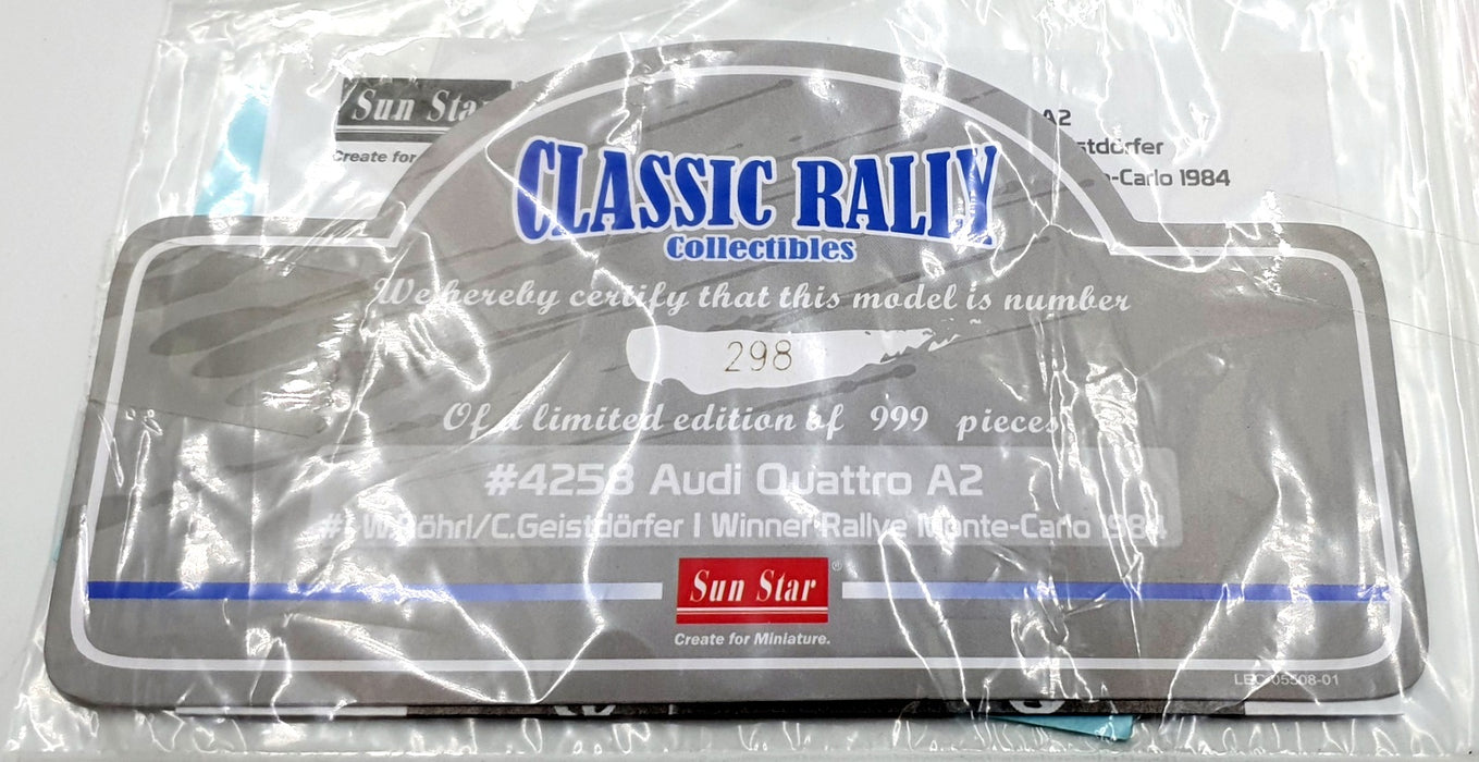Sun Star 1/18 Scale 4258 Audi Quattro A2 #1 1st MC Rally 1984 Rohrl/Geistdorfer