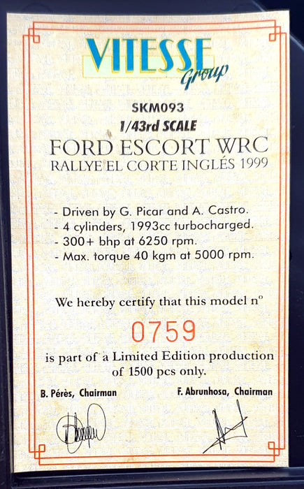 Skid 1/43 Scale SKM093 - Ford Escort WRC "Airtel" #8 El Corte Ingles 1999