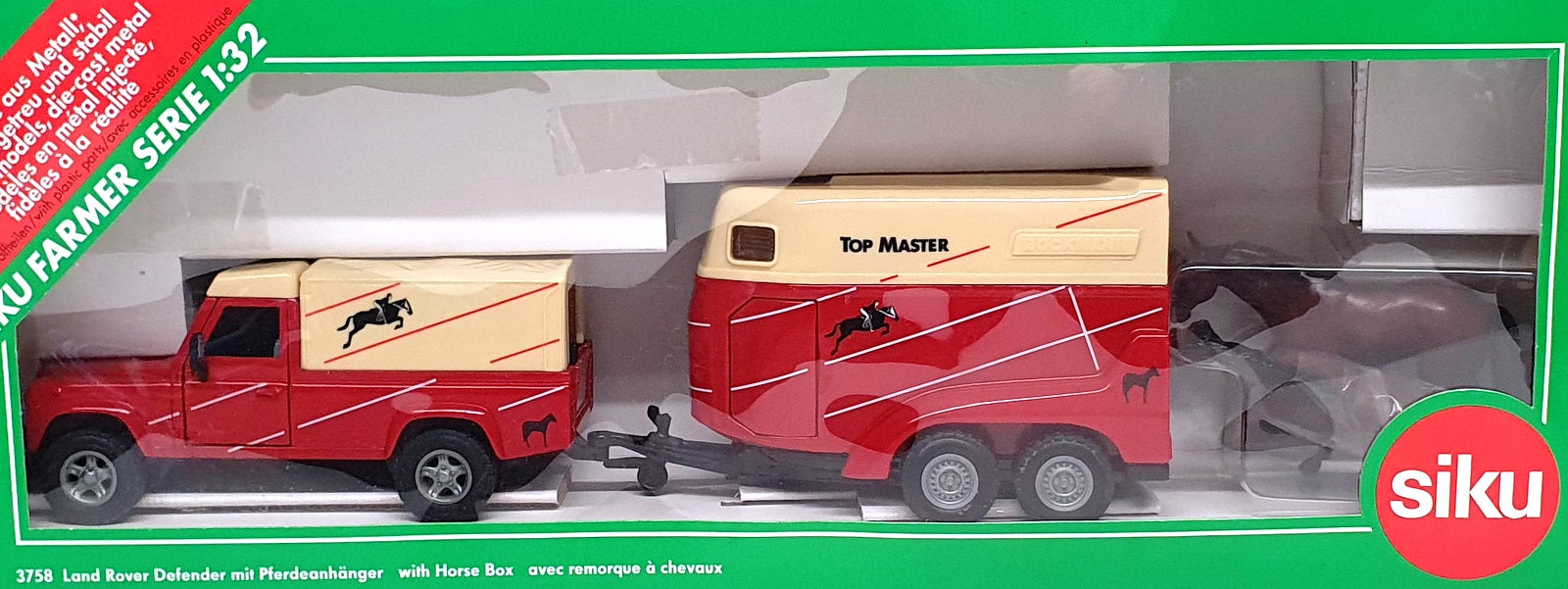 Siku 1/32 Scale 3758 - Land Rover Defender & Horse Box With Horses - Red/Cream