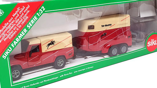 Siku 1/32 Scale 3758 - Land Rover Defender & Horse Box With Horses - Red/Cream