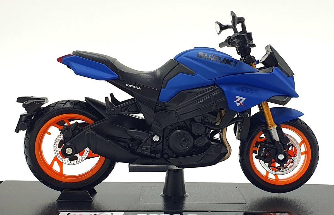 Maisto 1/18 Scale 34007-24907 - 2024 Suzuki Katana Motorbike - Met. Blue/Orange