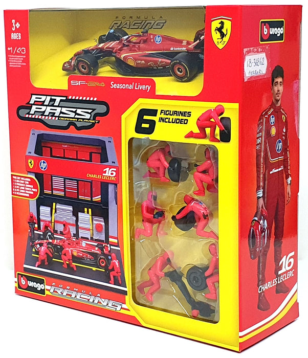 Burago 1/43 Scale 18-36862 - F1 Ferrari SF-24 Pit Pass Diorama 2024 #16 Leclerc