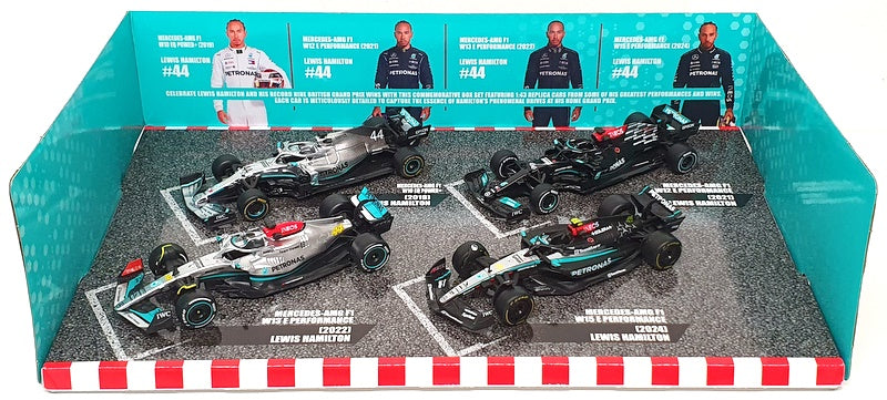 Burago 1/43 Scale 18-38093 - F1 Mercedes AMG 4pc Set W10, W12, W13, W15 Hamilton