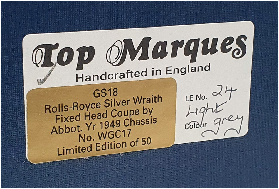 Top Marques 1/43 Scale GS18 - 1949 Rolls Royce Fixed Head Coupe - Lt Grey