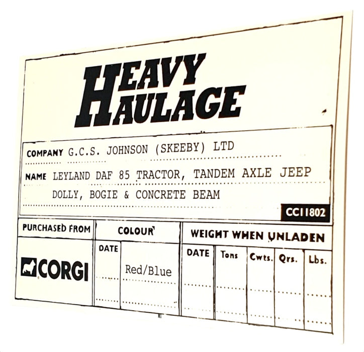 Corgi 1/50 Scale CC11802 - Leyland DAF 85 Tractor Tandem Axle Jeep & Beam Load