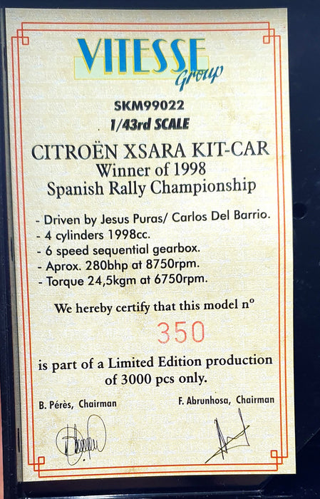 Skid 1/43 Scale SKM99022 - Citroen Xsara Kit Car #1 Spanish Rally Champion 1998