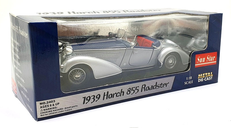 Sun Star 1/18 Scale Diecast 2403 - 1939 Horch 855 Roadster - Silver/Blue