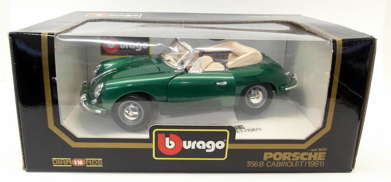 Burago 1/18 Scale Diecast 3051 Porsche 356B Cabriolet 1961 Met Green