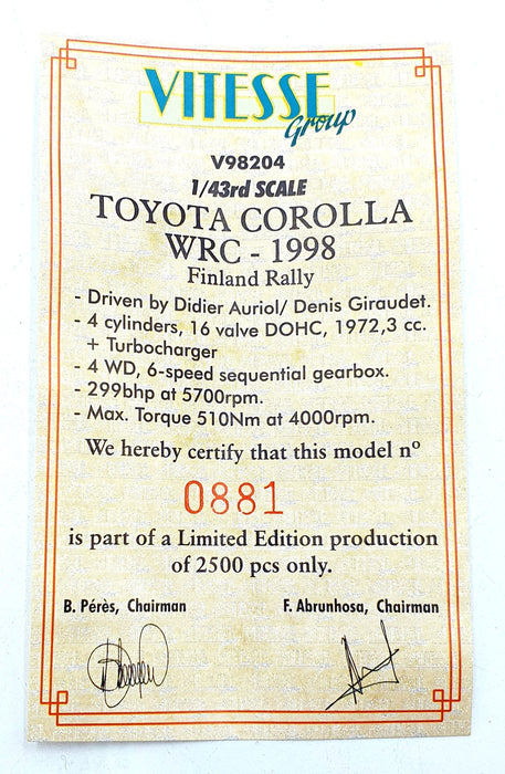 Vitesse 1/43 Scale V98204 - Toyota Corolla WRC #6 Finland Rally 1998