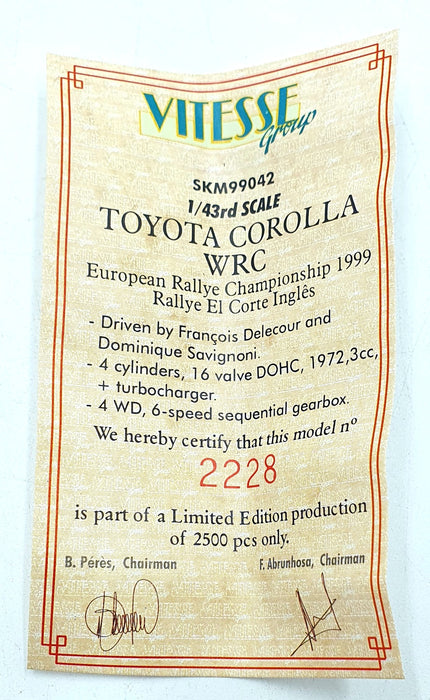 Skid 1/43 Scale SKM99042 - Toyota Corolla WRC #1 Rally El Corte Ingles 1999