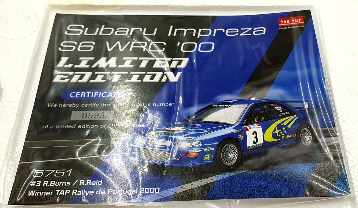 Sun Star 1/18 Diecast 5751 - Subaru Imprezza S6 WRC'00 #3 1st TAP Rally 2000