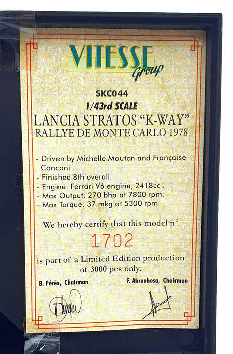 Skid 1/43 Scale SKC044 - Lancia Stratos "K-Way" #10 MC 1978 - Mouton/Conconi