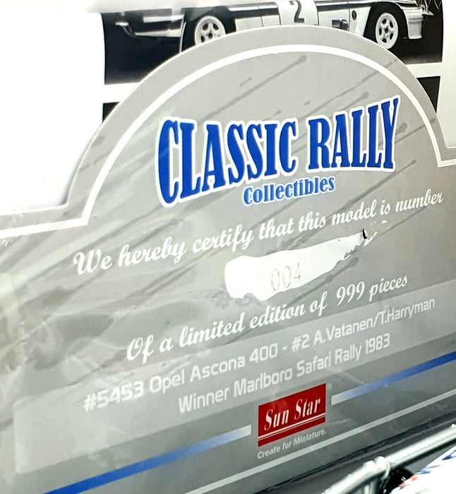 Sun Star 1/18 Scale Diecast 5453 Opel Ascona 400 Rally #2 1st Safari Rally 1983