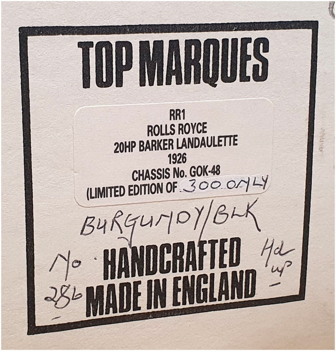 Top Marques 1/43 Scale RR1 - 1926 Rolls Royce 20HP Barker Landaulette