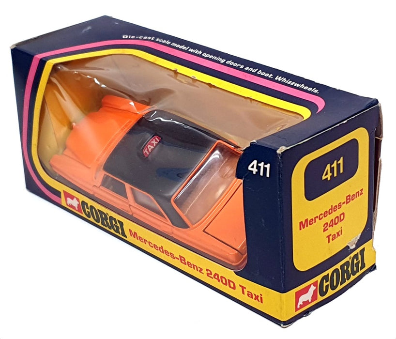 Corgi 13cm Long Diecast 411 - Mercedes Benz 240D Taxi - Orange/Black