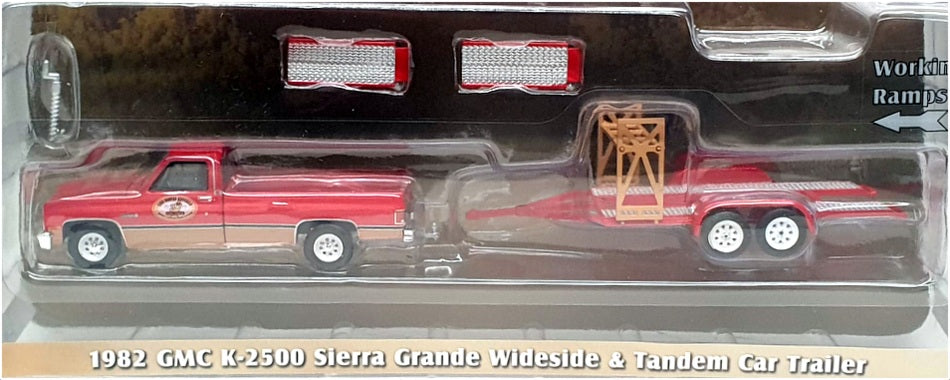 Greenlight 1/64 Scale 32250-B - 1982 GMC K-2500 Sierra & Tandem Car Trailer Red