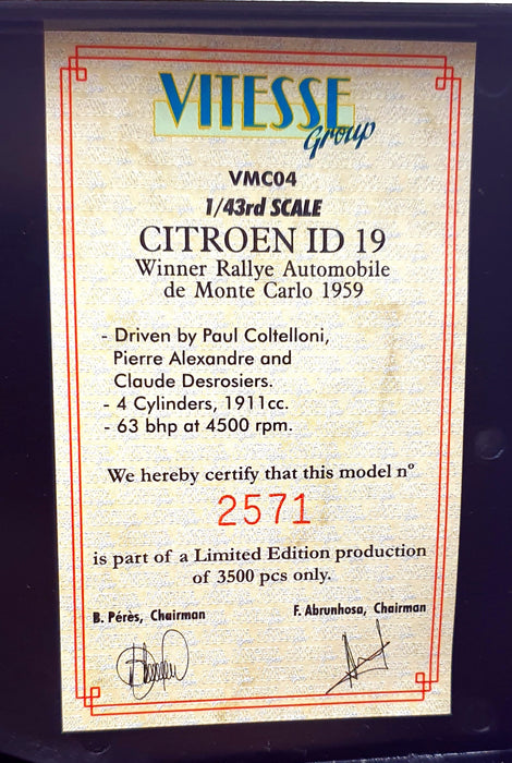 Vitesse 1/43 Scale VMC04 - Citroen ID 19 #176 1st MC Rally 1959