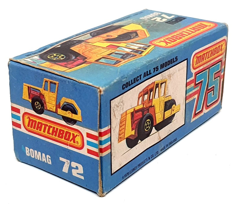 Matchbox 7cm Long Original Diecast No. 72 - Bomag Road Roller - Yellow/Red
