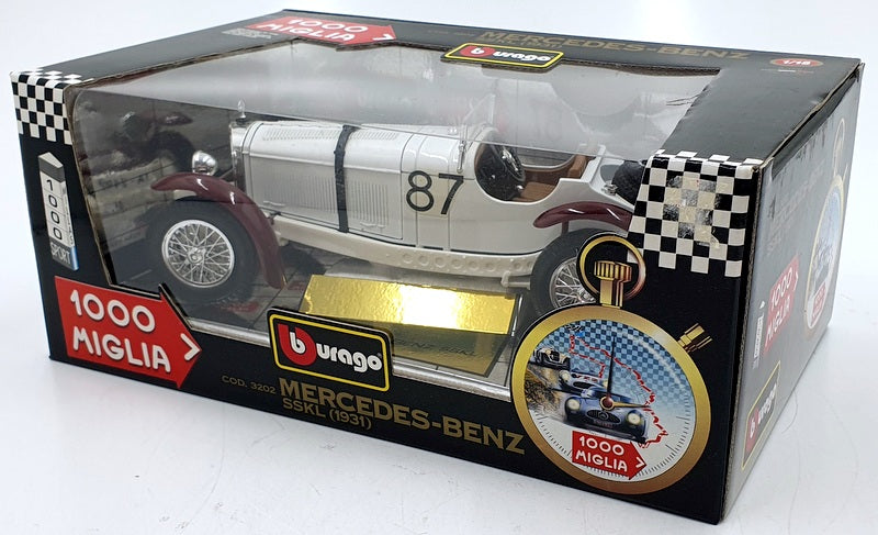 Burago 1/18 Scale Diecast 3202 Mercedes Benz SSKL 1931 1000 Miglia White #87