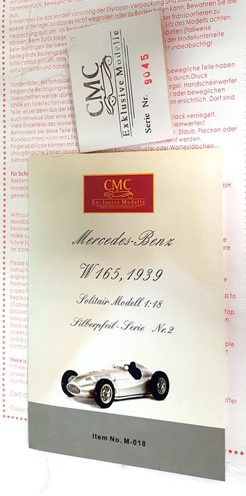 CMC 1/18 Scale Diecast M-018 - Mercedes-Benz W165 1939 Tripolis - Silver