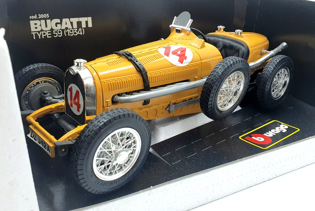 Burago 1/18 Scale Diecast 3005 - Bugatti Type 59 1934 #14 - Yellow 