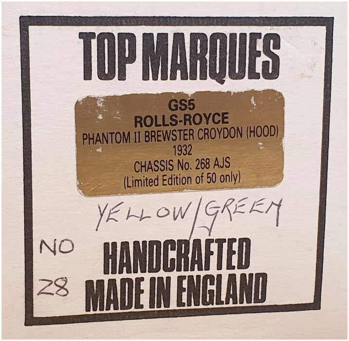 Top Marques 1/43 Scale GS5 - 1932 Rolls Royce Phantom II - Yellow/Green