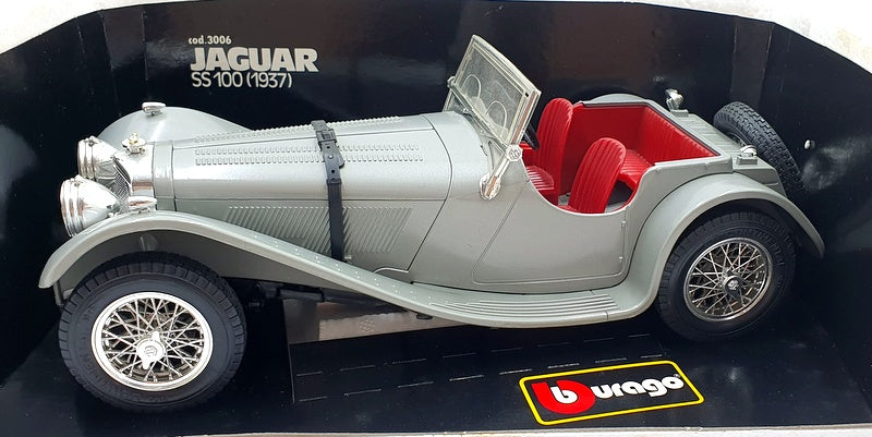 Burago 1/18 Diecast Model Car 3006 - 1937 Jaguar SS100 Grey with Red Seats