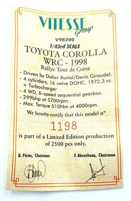 Vitesse 1/43 Scale V98200 - Toyota Corolla WRC #6 Rally Tour De Corse 1998