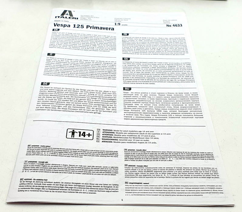Italeri 1/9 Scale Unbuilt Kit 4633 - Vespa 125 Primavera