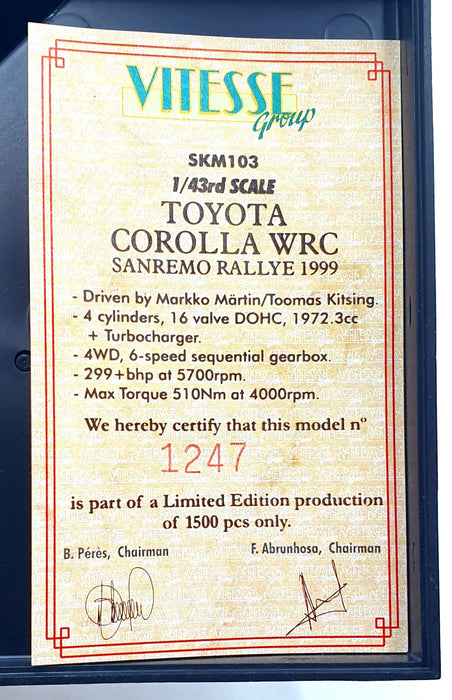 Skid 1/43 Scale SKM103 - Toyota Corolla WRC "EOS" #22 Sanremo Rally 1999
