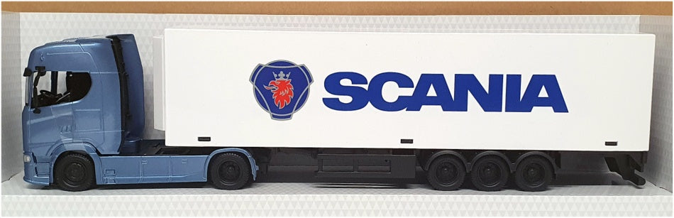Burago 1/43 Scale 18-31468 - Scania Hauler Truck With Trailer - Met Blue/White