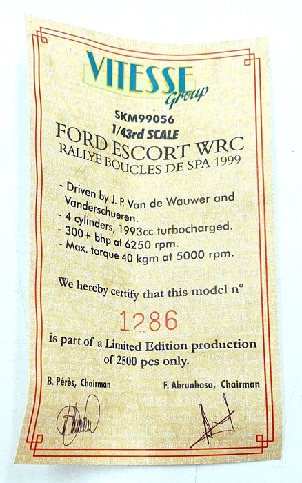 Skid 1/43 Scale SKM99056 - Ford Escort WRC "Fina" #2 Rally Boucles De Spa 1999