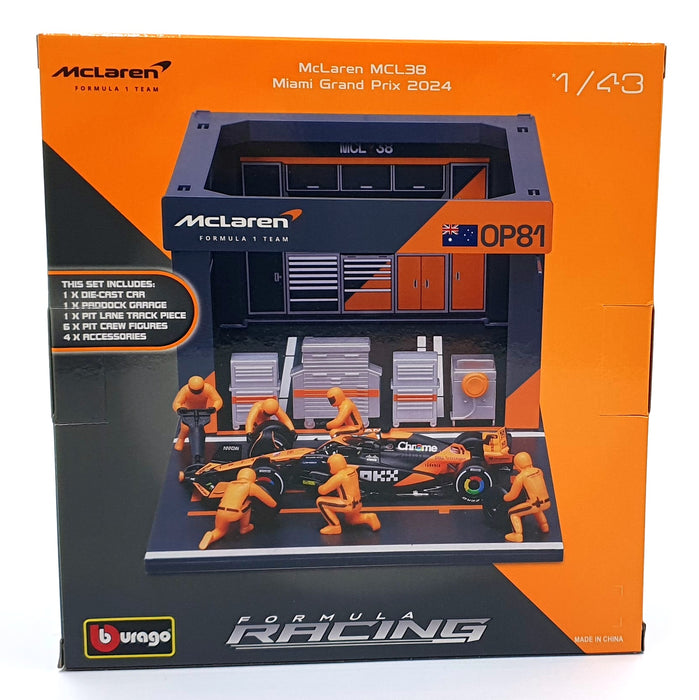 Burago 1/43 Scale 18-38451 - F1 McLaren MCL38 Diorama Miami GP 2024 Piastri