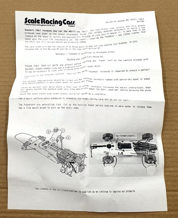 S.R.C. Models 1/43 Scale Unbuilt Kit 20-89 1967 F1 Honda RA300 - Surtees