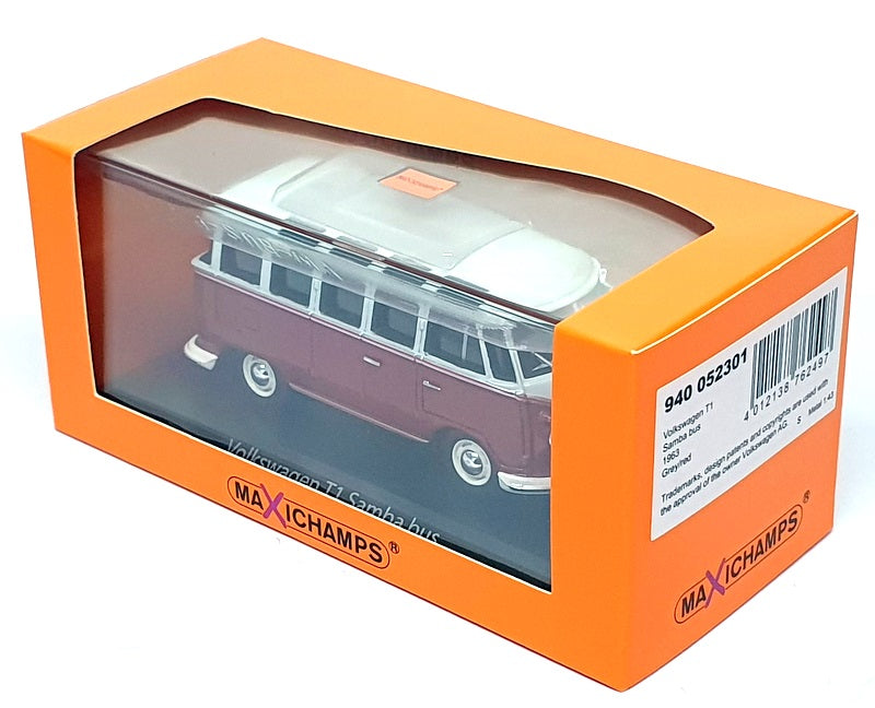 Maxichamps 1/43 Scale 940 052301 - 1963 Volkswagen T1 Samba Bus - Grey/Red
